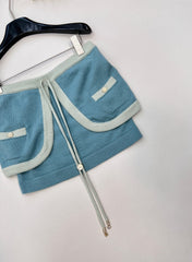 Dual-Textile Bottoms: Printed Denim Shorts + Knit Mini Skirt