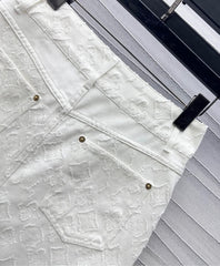 White Denim Co-ord Set with Embossed Motifs & Hardware Accents