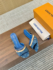 Denim Monogram Mule Heels with Contrast Strap