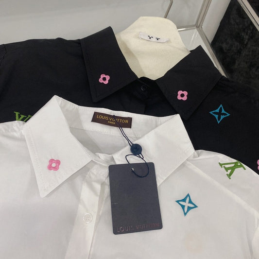 Two-Tone Embroidered Shirts with Denim Pocket Accent