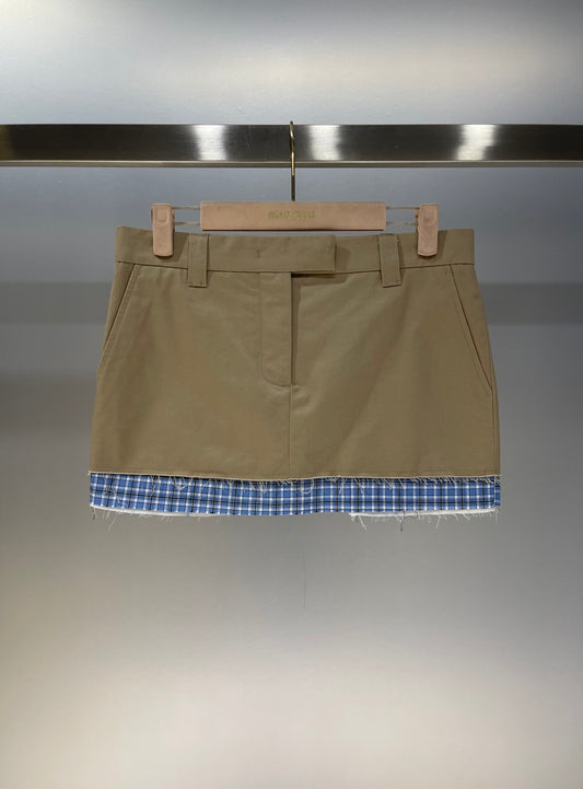 Khaki Mini Skirt with Plaid Hem