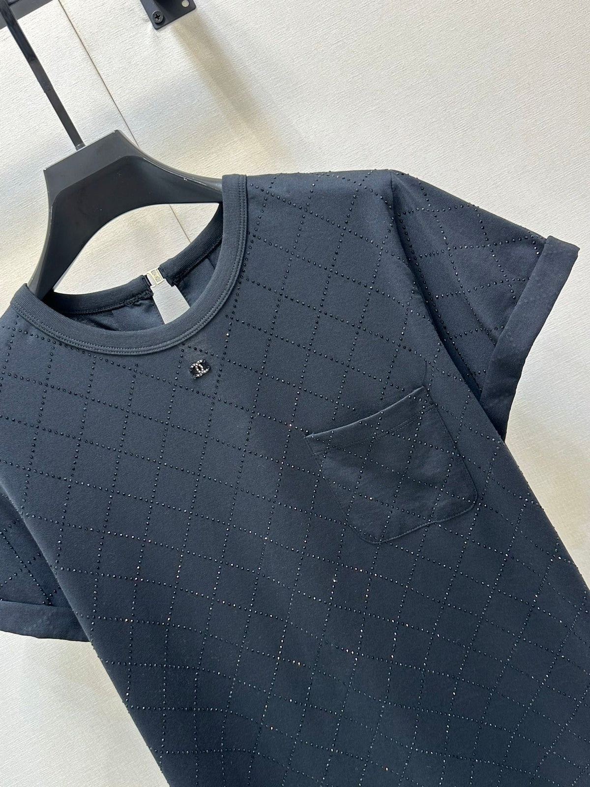 Black Crewneck Tee with Rhinestone Quilting & Back Hardware