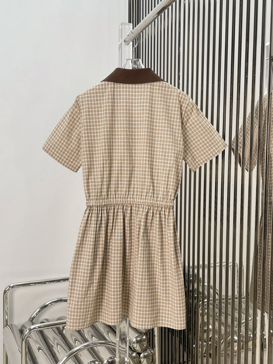 Plaid Shirt Dress with Contrast Collar & Drawstring Waist