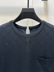 Black Crewneck Tee with Rhinestone Quilting & Back Hardware