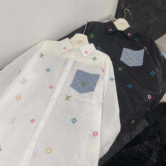Two-Tone Embroidered Shirts with Denim Pocket Accent