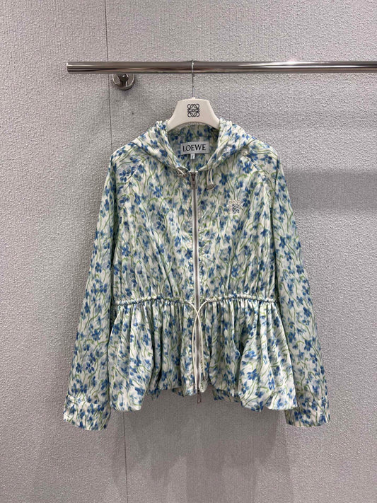 Early Autumn New Light Blue Floral Hooded Jacket