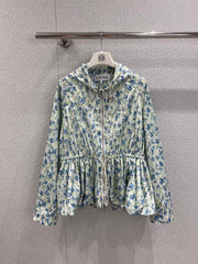 Early Autumn New Light Blue Floral Hooded Jacket