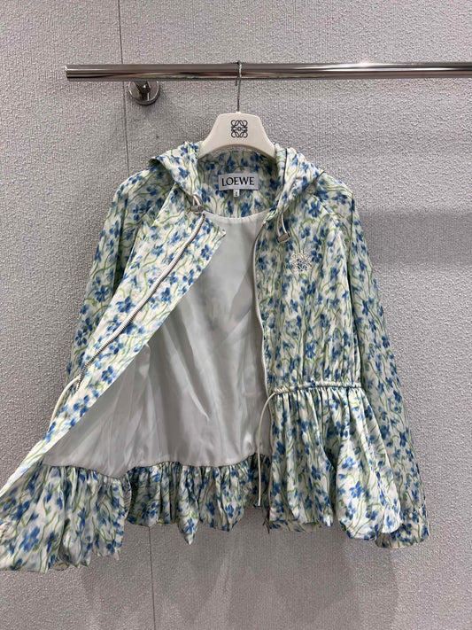 Early Autumn New Light Blue Floral Hooded Jacket