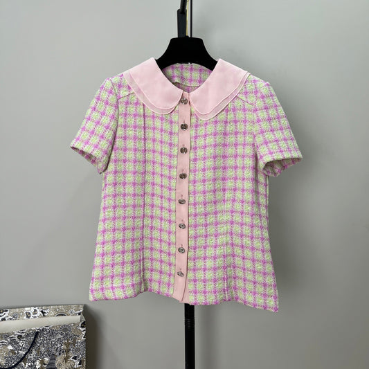 Short-sleeved tweed top with a baby doll collar