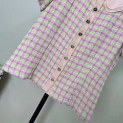Short-sleeved tweed top with a baby doll collar