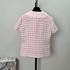Short-sleeved tweed top with a baby doll collar
