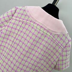 Short-sleeved tweed top with a baby doll collar