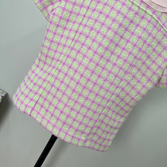 Short-sleeved tweed top with a baby doll collar