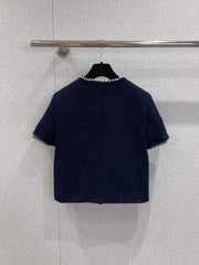 Banded hem short-sleeved bouclé jacket