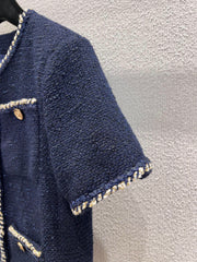 Banded hem short-sleeved bouclé jacket