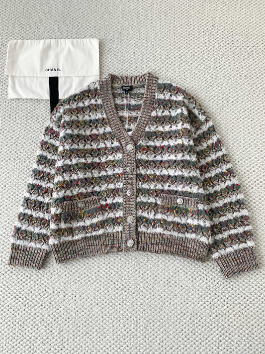 Gray-green striped knitted hollow long-sleeved cardigan