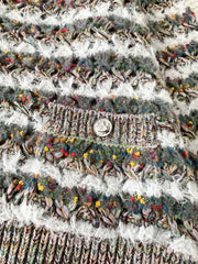 Gray-green striped knitted hollow long-sleeved cardigan