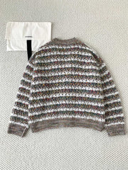 Gray-green striped knitted hollow long-sleeved cardigan