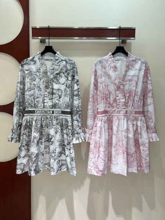 Jungle Print Wood Ear Lace V-Neck Long Sleeve Dress