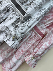 Jungle Print Wood Ear Lace V-Neck Long Sleeve Dress