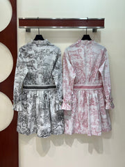 Jungle Print Wood Ear Lace V-Neck Long Sleeve Dress