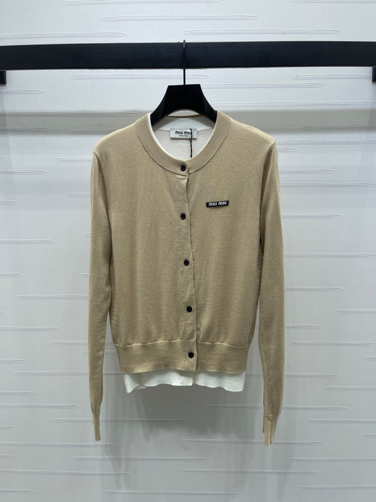 Fake two-piece knitted crew neck cardigan