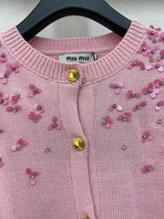 Sequined round neck long-sleeved knitted cardigan