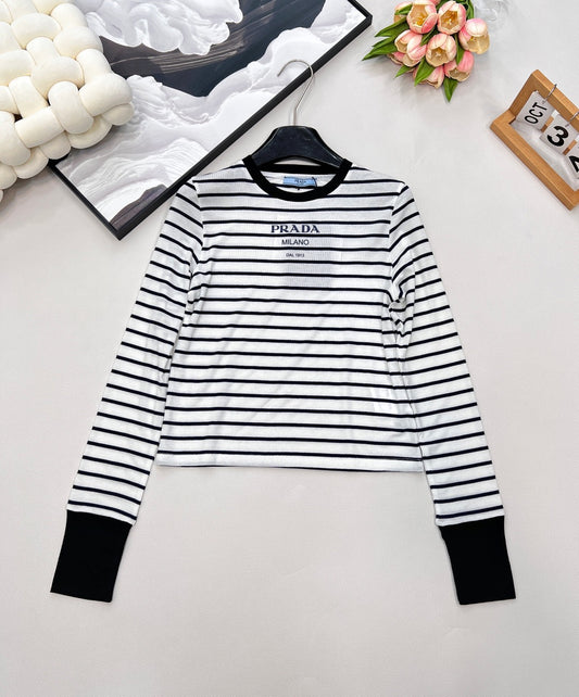 Printed stretch slim-fit striped bottoming shirt