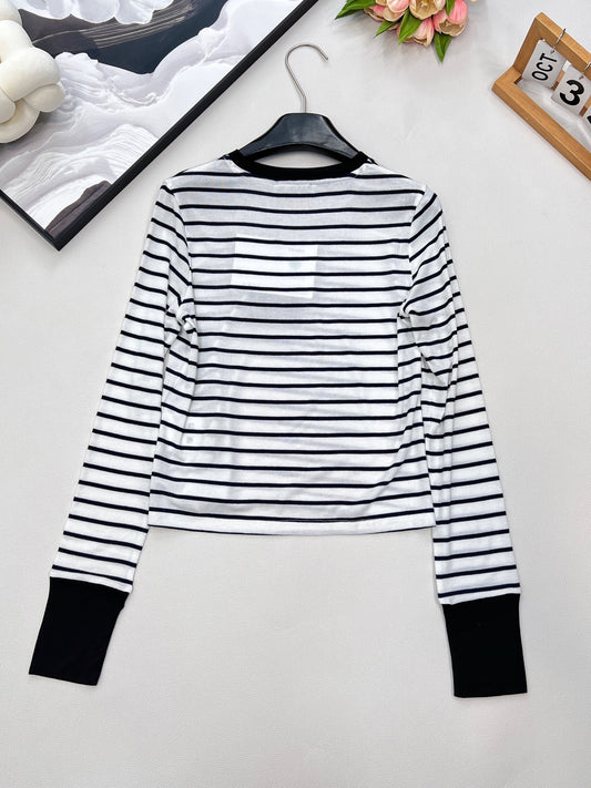Printed stretch slim-fit striped bottoming shirt