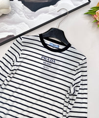Printed stretch slim-fit striped bottoming shirt