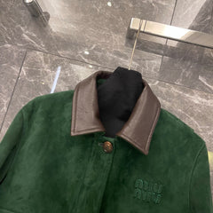 Vintage Green Suede Cropped Leather Jacket