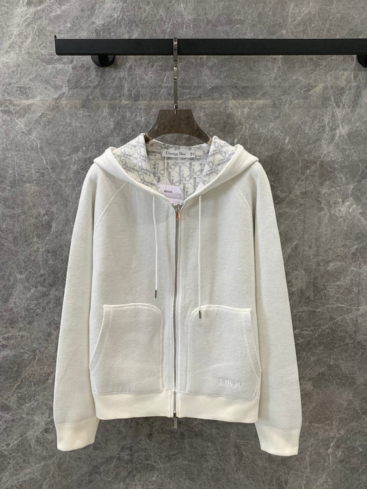 jacquard hooded reversible zip-up cardigan