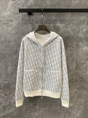 jacquard hooded reversible zip-up cardigan