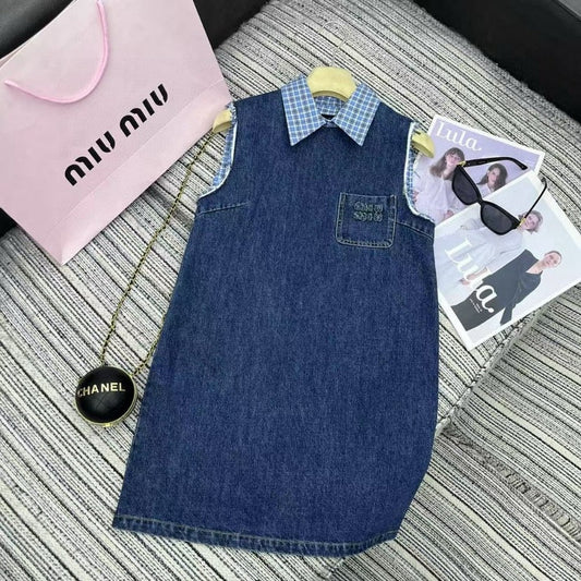 Pocket Letter Patch Embroidery Plaid Stitching Lapel Sleeveless Denim Vest Dress