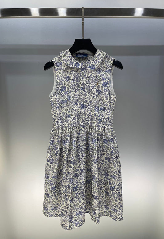 Allover floral pony embroidery Lapel round neck sleeveless dress