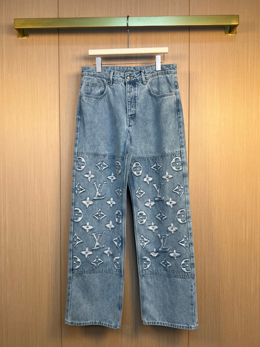 Jacquard Cloud Ripped Denim Pants