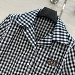 Intellectual style black and white small plaid short-sleeved shirt