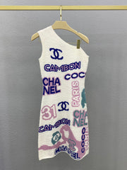 Colorful yarn logo jacquard off-shoulder vest dress
