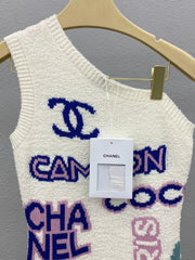 Colorful yarn logo jacquard off-shoulder vest dress