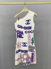 Colorful yarn logo jacquard off-shoulder vest dress