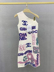 Colorful yarn logo jacquard off-shoulder vest dress