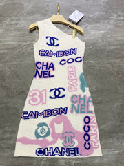 Colorful yarn logo jacquard off-shoulder vest dress
