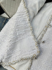Creamy White Twill Tweed Pearl-Trimmed Button Short V-Neck Long-Sleeved Jacket