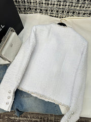 Creamy White Twill Tweed Pearl-Trimmed Button Short V-Neck Long-Sleeved Jacket