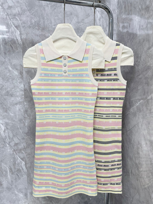 Contrast color lettering striped lapel vest dress