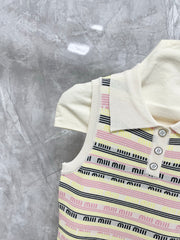 Contrast color lettering striped lapel vest dress