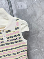 Contrast color lettering striped lapel vest dress