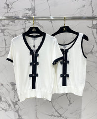 Bow colorblock V-neck knitted cardigan