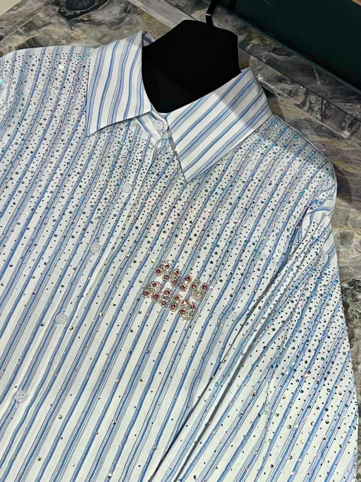 Drop Shoulder Rhinestone Stripe Shirt