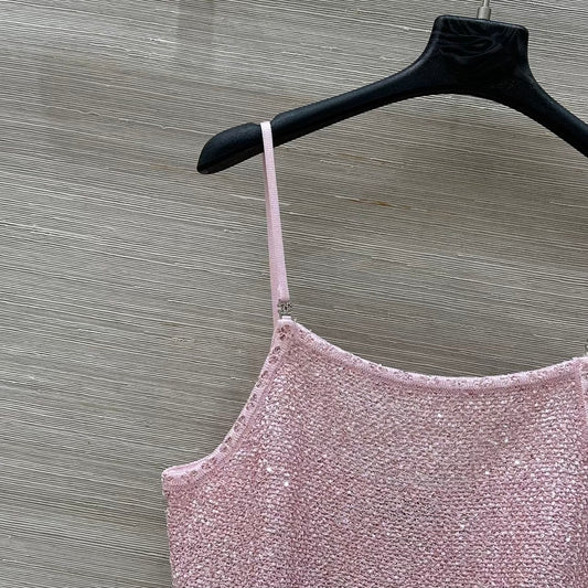 Pink Lurex Knit Camisole with Ruffled Hem